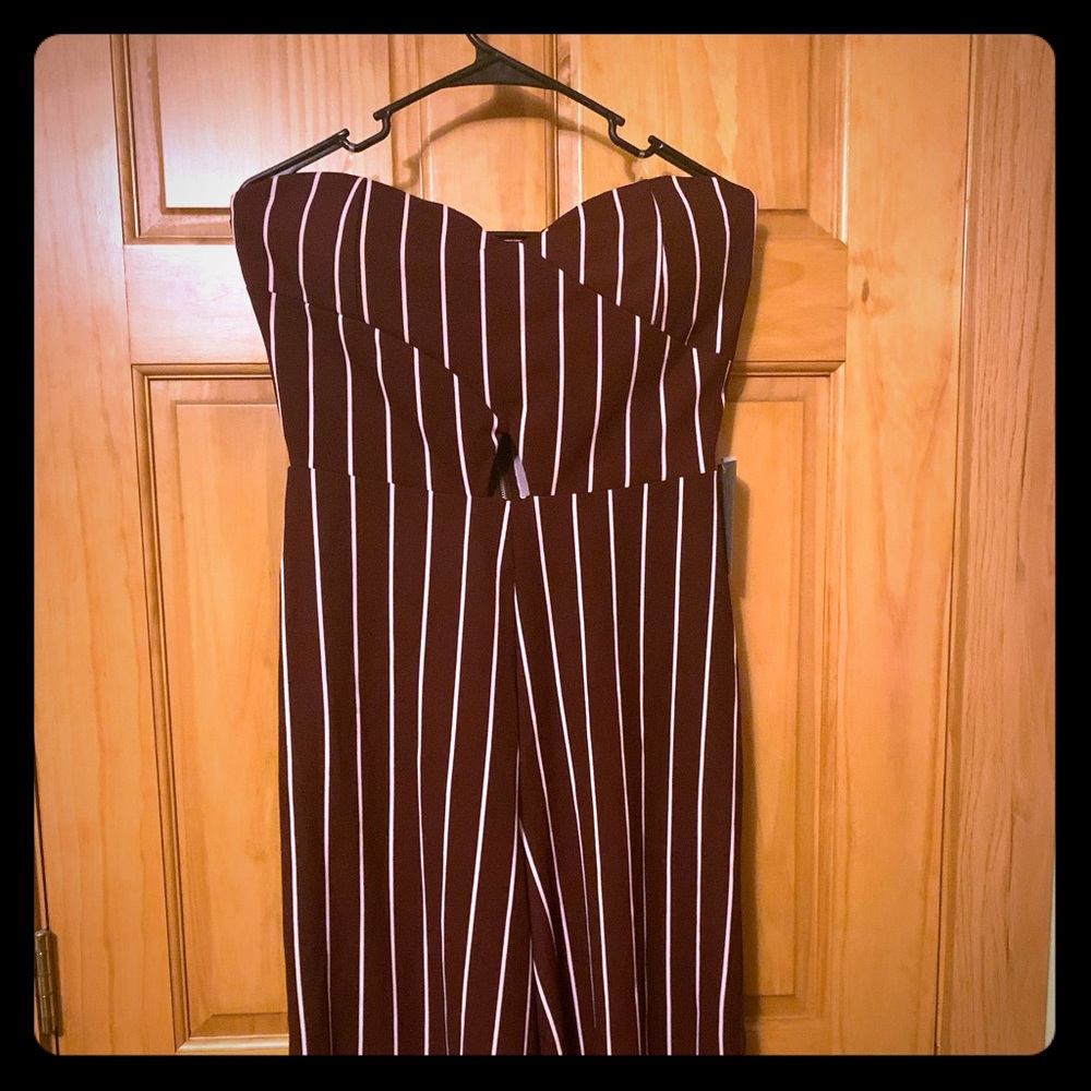 NWOT Strapless burgundy and white stripe jumpsuit!